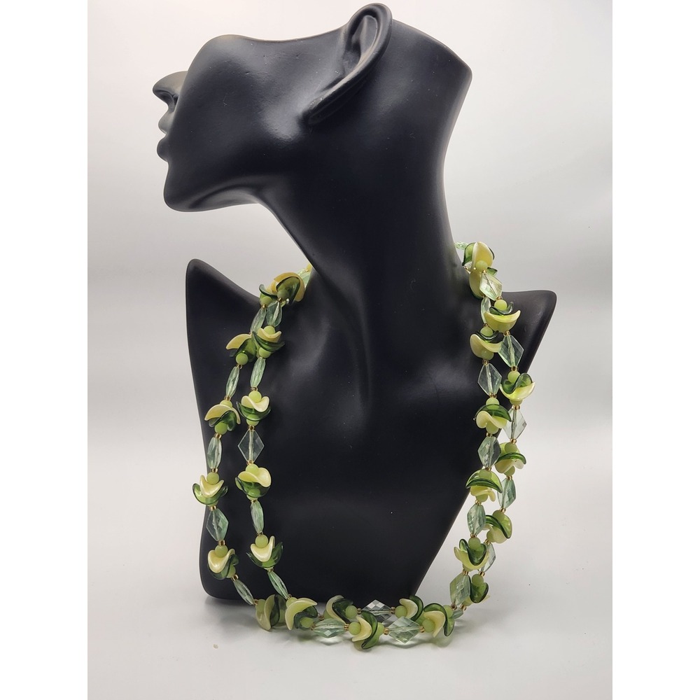 Vintage West Germany Green‎ Art Glass Double Strand Necklace Swirl Petal Beads